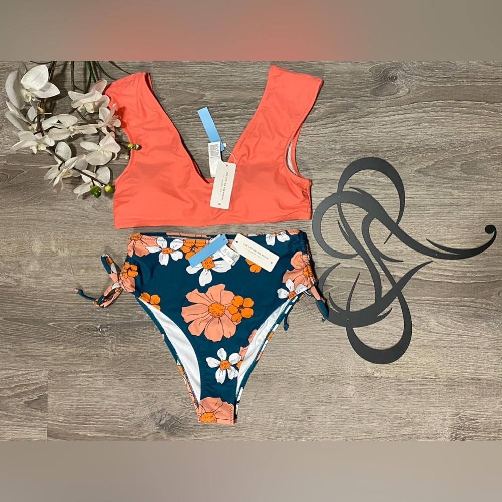 Cupshe Floral Bikini Set XL | Coral Tie Back Swimwear Tropical NWT - Picture 2 of 4